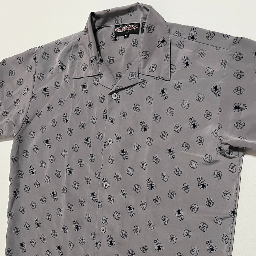 Sapphire Lounge Shirt Vintage Short Sleeve Button Guitar Gray Men's size Medium